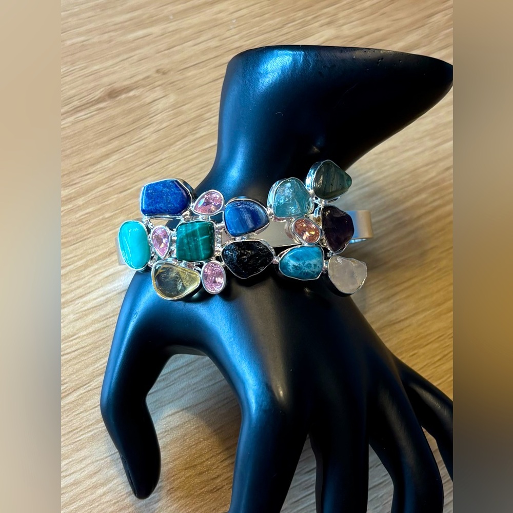 Natural Freeform Mixed Gemstone & CZ Silver Cuff Bracelet